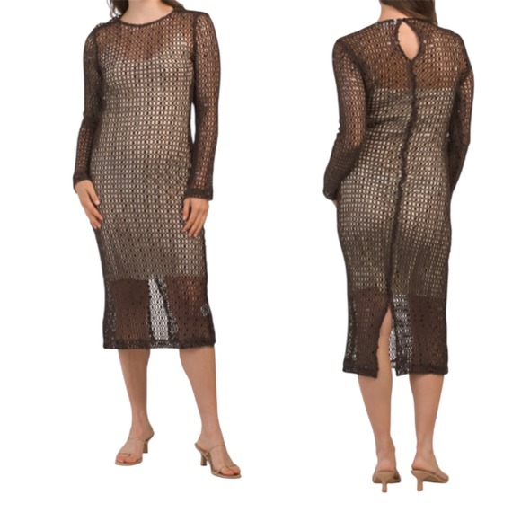 walter baker coco crochet dress New Women's Brown Sequin Sheer Sheath Maxi Sz M Kate Hudson Shines at Jacket Size:US Jacket 48 global-occasion-Bridal Party Pickle Maxi dresses Granny squares